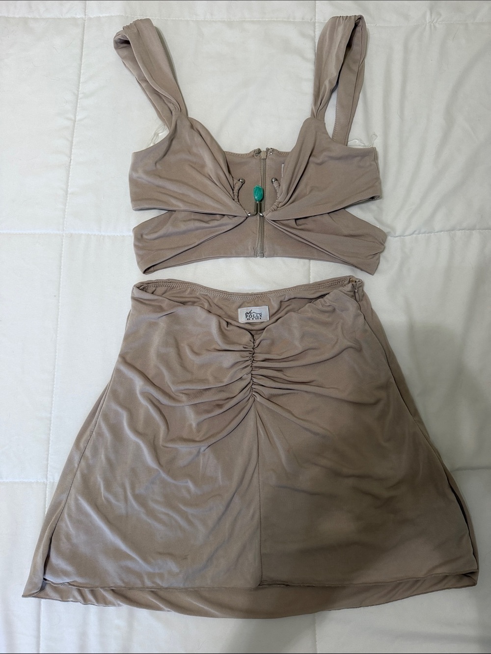 Oh Polly Taupe Ruched Mini Skirt